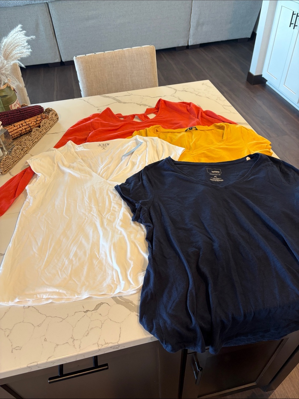 J. Crew tee in White, blue Sonoma, Yellow Ambiance & Red Under Armor